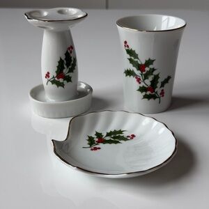 Porcelain Holly Bath Accessory Set - Toothbrush Holder ,Soap Dish & Tumbler Cup